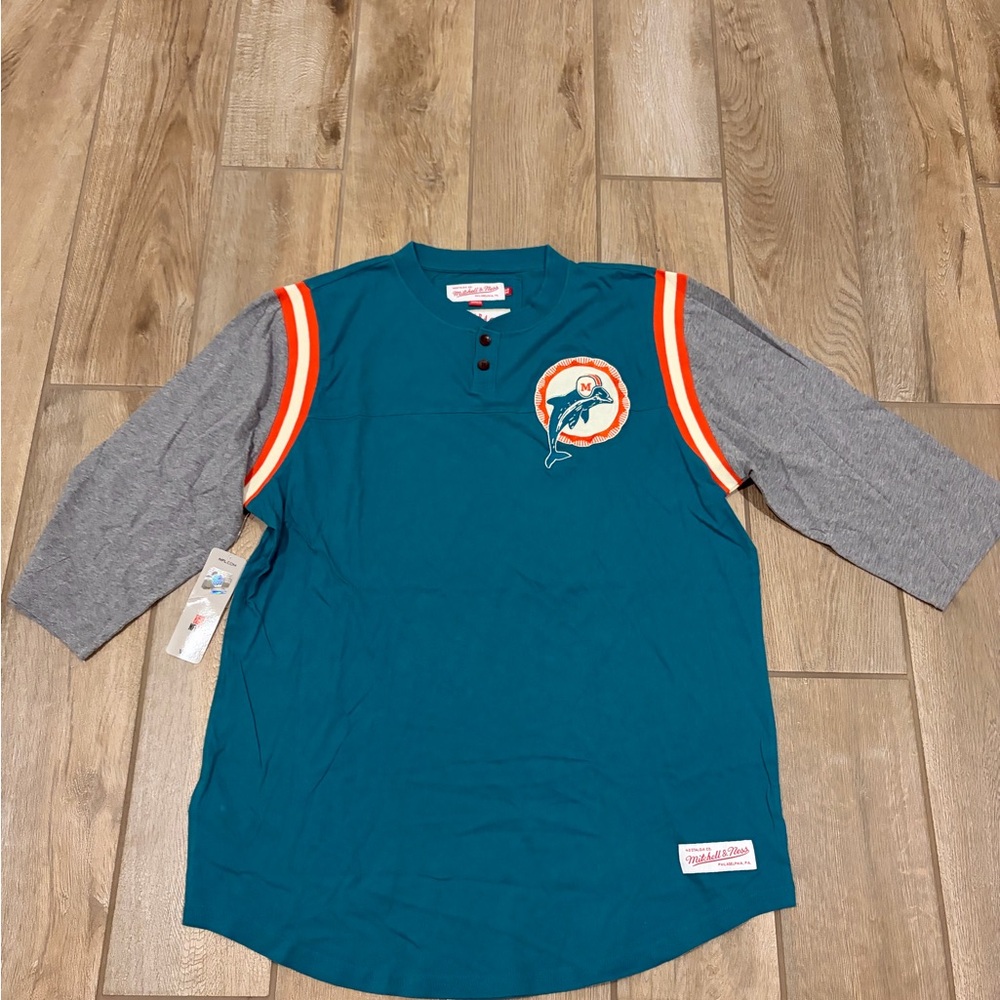 Mitchell & Ness Miami Dolphins Aqua Henley 3/4-Sleeve T-Shirt new with tags XL